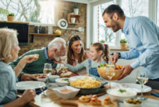 Happy,Multi-generation,Family,Gathering,Around,Dining,Table,And,Having,Fun Happy multi-generation family gathering around dining table and having fun during a lunch.