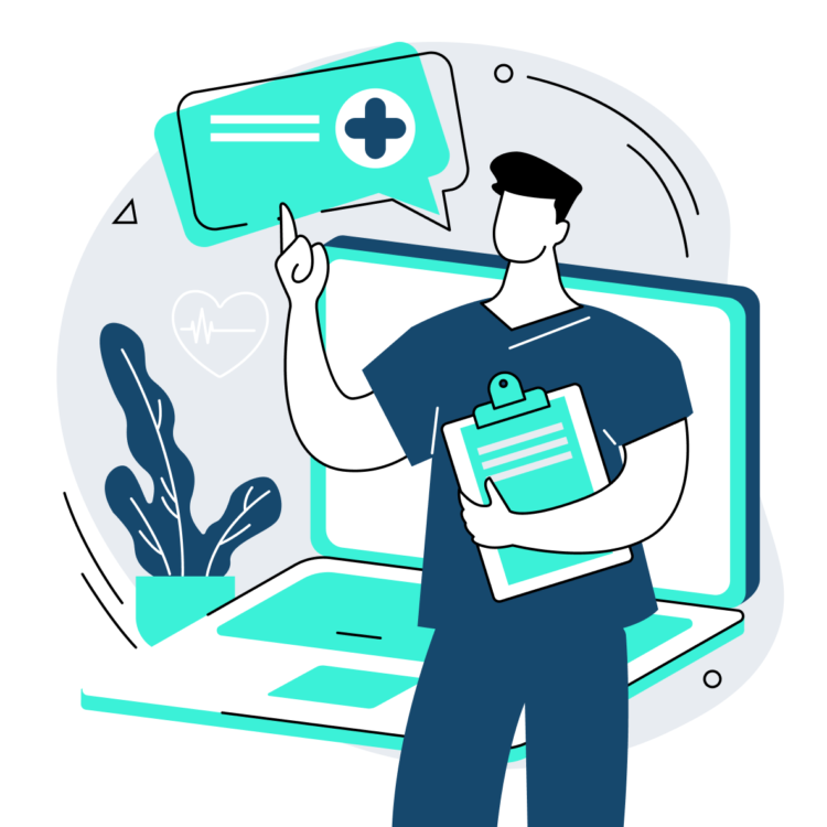 illustration of a doctor standing in front of a computer, ready to connect with you online and in person