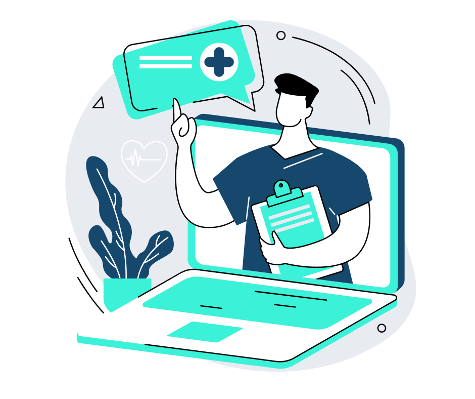Patient portal graphic depicting a doctor on a computer screen